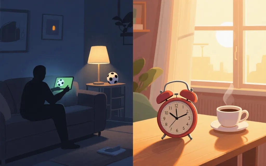 深夜看球与清晨看球的对比插画：一边是夜灯下的沙发，一边是清晨的闹钟与咖啡